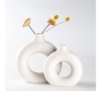 Sawoake Lot de 2 vases en céramique en Donut Blanc pour décoration d'intérieur Moderne, vases Ronds Mat pour Herbe de la Pampa, Style Minimaliste Nordique Neutre (Super Grand+Grand)