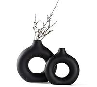 Sawoake Lot de 2 vases en céramique en Donut Noir pour décoration d'intérieur Moderne, vases Ronds Mat pour Herbe de la Pampa, Style Minimaliste Nordique Neutre (Grand+Petit)