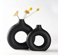 Sawoake Lot de 2 vases en céramique en Donut Noir pour décoration d'intérieur Moderne, vases Ronds Mat pour Herbe de la Pampa, Style Minimaliste Nordique Neutre (Super Grand+Grand)