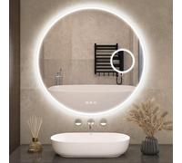 S'bagno Miroir de salle de bain rond avec lumières LED 800 mm, Bluetooth LED miroir de salle de bain avec loupe 5x, anti-buée, 3000 K-6500 K, intensité variable, verre trempé HD, mémoire, étanche IP44