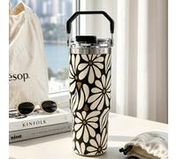 SCALON 30oz/900ML 1 pièce Gobelet isotherme à main vintage noir & blanc avec motif marguerite, tasse isotherme en acier inoxydable sous vide, bouteille d'eau avec couvercle à ouverture rapide et paill
