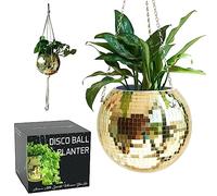 SCANDINORDICA Jardinière Boule Disco - Pot de Fleurs Boule à facettes avec chaîne et Corde en macramé, Boule a Facette, Cadeaux Femmes | Décoration d’intérieur - 25 cm Or