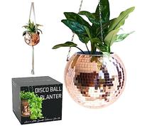SCANDINORDICA Jardinière Boule Disco - Pot de Fleurs Boule à facettes avec chaîne et Corde en macramé, Boule a Facette, Cadeaux Femmes | Décoration d’intérieur - 25 Or Rose