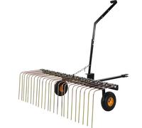 Scarificateur traîné SucceBuy 60 pouces, râteau à gazon avec 24 dents en acier pour véhicules tout-terrain ou tondeuses, ramassage de l'herbe et des feuilles, poignée de levage réglable, construction 