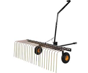 Scarificateur traîné SucceBuy 60 pouces, râteau à gazon avec 24 dents en acier pour véhicules tout-terrain ou tondeuses, ramassage de l'herbe et des feuilles, poignée de levage réglable, construction