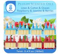 Scent-Hi Désodorisant Électrique, 8 Recharges de 20ml avec 3 Parfums en Alternance, Combat les Odeurs en Continu, Convient pour Febreze 3 Evolution - Lin, Coton, Océan, Framboise, Jasmin, Baies