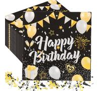 Scettar 60 Pièces Serviette Papier Anniversaire Noir et Or,avec 15 g Confettis,33 X 33 cm Anniversaire Serviette de Table pour Fête D'anniversaire et Décoration de Fête