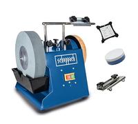 Scheppach Affûteuse à Eau TIGER2500S| Moteur à induction 200W | Meule en corindon supérieur Ø250mm | Dispositif pour outils standard droits | Pâte à poncer | Disque à poncer | Gabarit d'angle
