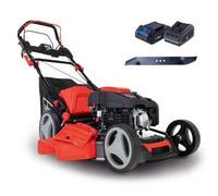 Scheppach Tondeuse MS225-53E - 1 bat 2Ah + chargeur + lame inclus | Tondeuse hybride - Moteur 4 Temps 224 cm³ / 6 CV - Largeur de Coupe 53 cm - Bac 65 L