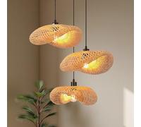 Schindora Luminaire Plafonnier RéTro,Chapeau Bambou Suspension Rotin 3-LumièRe Luminaires IntéRieur Tissage Plafonnier E27 CréAtivité éClairage De Plafond Pour Salle À Manger Salon Restaurant