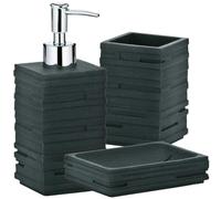 Schläfer 285100 | Ensemble d'Accessoires de Salle de Bain 3 pièces en Résine Noir | Quader | Effet Pierre Naturel Élégant, 1 gobelet, 1 Distributeur de Savon, 1 Assiette
