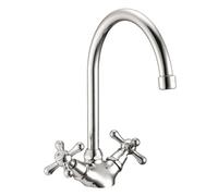 Schläfer 3460409 - Robinet de Cuisine Antique avec Deux Poignets, Mitigeur Évier Bec Haut Rotation à 360° Robinet Évier de Cuisine Rétro Double Poignées Vintage, Chromé, Argent