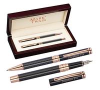 Schmalz Marque Twain Set D'Écriture Stylo à Bille Rotatif Et Stylo-Plume En Optique de Carbone avec Gravure - Boîte en Bois - Bleu Mine - En Pochette Cadeau Pour Anniversaire 1261903