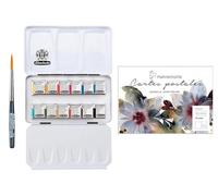 Schmincke Academy Boîte de peinture aquarelle en métal, 12 x 1/2 godets + bloc de cartes postales aquarelle Hahnemühle 10,5 x 14,8 cm avec mini pinceau Da Vinci
