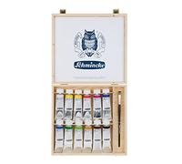 Schmincke - AKADEMIE®Acrylique, 12 tubes en 60 ml, 76 014 097, coffret en bois, couleurs acryliques fines pour artistes, brillantes, sans cadmium, idéales pour les mélanges, 1 pinceau daVinci