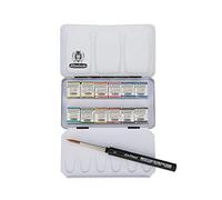 Schmincke - HORADAM® AQUARELL, coffret compact avec 12 nuances aquarelles extra-fines, 1 pinceau daVinci, 74 012 097,coffret en métal, 12 x 1/2 godets