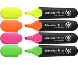 Schneider 1500 Pochette de 4 surligneurs Jaune/Orange/Rose/Vert | Rechargeable, plastique recyclé à plus de 90 %, écolabel Ange Bleu, pour l'école et le bureau, lettering et calligraphie