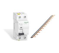 Schneider A9Z21225 Disjoncteur différentiel iID, 2P, 25A, 30mA Type A, Blanc & Peigne 13 modules noir/blanc longueur 220mm