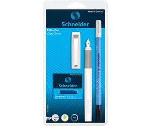 Schneider Ceod Classic Set d'écriture avec stylo plume, 6 cartouches et tueur d'encre (droitier et gaucher, pointe M, couleur de l'encre : bleu roi) blanc