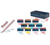 Schneider Ceod Shiny Stylo-plume brillant, plume de taille M, avec cartouche d’encre bleu roi, rose poudré & Lot de 10 packs de 6 cartouches d'encre pastel standard pour stylo-plume