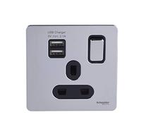 Schneider Electric GGBGU34102USBABPC - Plaque plate sans vis - Prise de courant unique avec ports de charge USB - Double pôle - 13 A - Chrome poli avec insert noir