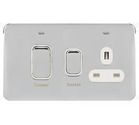 Schneider Electric Lisse Screwless Deco GGBL4001WPC Unité de commande de cuisinière avec prise de courant simple, double pôle, indicateur néon, 45 A, chrome poli avec insert blanc