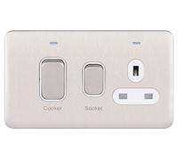 Schneider Electric Lisse Screwless Deco GGBL4001WSS Unité de commande de cuisinière avec prise de courant simple 13 A, indicateur néon, 45 A, en acier inoxydable avec insert blanc