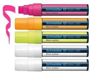 Schneider Maxx 260 Lot de 5 marqueurs à craie (épaisseur de trait 5 + 15 mm, effaçable avec un chiffon humide, à base d'eau, sans odeur)