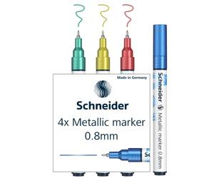 Schneider Paint-It 010 Lot de 4 marqueurs métalliques (Set 1, épaisseur de trait 0,8 mm, nouvelle technologie de pigment, fort effet pailleté) bleu, vert, rouge, jaune
