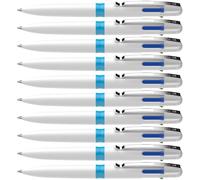 Schneider Take 4 stylo à bille multifonctions (4 couleurs, plastique recyclé, recharges remplaçables) blanc-bleu clair, Boîte de 10