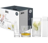SCHOTT ZWIESEL Set de verres Stage (set de 17), 4 gracieux verres à long drink, à whisky et à schnaps avec relief, 4 pailles et 1 brosse, verres en cristal résistant au lave-vaisselle (art. n° 124010)