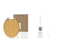 SCHÜTTE Abattant WC Bamboo en bambou massif, abattant de WC durable en bois de bambou & Ibergrif Brosse WC Silicone Plate- Brosse Toilette et Supports, Anti-goutte, Antibactérienne