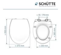 SCHÜTTE : siège de WC ovale avec système d'abaissement progressif, couvercle amovible en plastique thermodurci incassable, montage à faire soi-même à l'aide de pastilles adhésives et d'un gabarit, cou