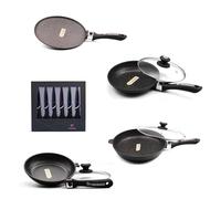 Schumann Professionnel - Lot 3 Poêles 20/24/32cm - Crêpière 28cm - Set 6 Couteaux en Titane - Compatibles Tous feux dont Induction - Fonte d'Aluminium Sans PFOA - Manches Amovibles - Couvercles Inclus