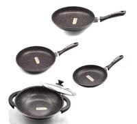 Schumann Professionnel - Lot de 3 Poêles Revêtement en Pierre 20/24/28cm - Wok 32cm - Compatibles Tous feux dont Induction - Fonte d'Aluminium Sans PFOA - Manches Fixes - Couvercle Wok Inclus