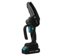 Scie à branches 4 pouces, puissance 400 W. Deux batteries 21 V incluses. Lubrificateur à bouton-poussoir. Mallette, chaîne supplémentaire et kit d'accessoires inclus.