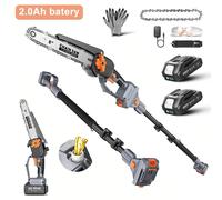 Scie à chaîne électrique 2-en-1 - Lame de 20 cm - Moteur sans balais - Tige télescopique réglable - 2 batteries de 2,0 Ah