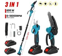 Scie à chaîne électrique - 600 W. Coupe-branches - 3-en-1 avec manche télescopique. Sécateur de jardin - 2 batteries - Compatible Makita