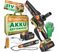 Scie à chaîne électrique sans fil GRÜNTEK 21V, mini-scie à chaîne avec 2 batteries, scie à chaîne sans fil pour élagage, scie de jardin 1050W sans balais, scie à chaîne manuelle professionnelle, lame