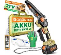 Scie à chaîne électrique sans fil GRÜNTEK 21V, mini-scie à chaîne, scie à branches sans fil, scie de jardin 600W sans balais, scie à chaîne manuelle professionnelle, lame de 6 pouces, compacte, avec d