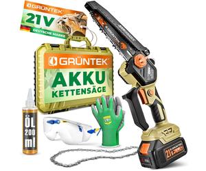 Scie à chaîne électrique sans fil GRÜNTEK 21V, mini-scie à chaîne, scie à branches sans fil, scie de jardin 600W sans balais, scie à chaîne manuelle professionnelle, lame de 6 pouces, compacte, avec d