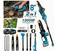 Scie à chaîne mini 2 en 1, alimentée par batterie, 8 pouces, avec barre télescopique, détecteur de hauteur, 2 batteries, moteur sans balais de 1300 W, rallonge de 2 mètres et lubrification automatique