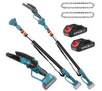 Scie à chaîne sans fil 2-en-1 avec rallonge – Lame de 15 cm – Tige d'extension de 2,5 mètres – Rechargeable – 2 batteries
