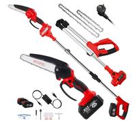 Scie à ébrancher sans fil et mini-scie à chaîne - 2 en 1 - Lame de 20 cm - Tête pivotante à 180° - Tige télescopique - Batterie incluse - Rouge