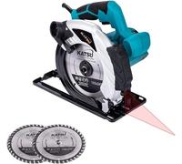 Scie circulaire KATSU 185 mm, 1600 W, avec laser et 2 disques de coupe (24T + 40T), profondeur de coupe maximale : 65 mm (à 90°), 45 mm (à 45°). Scie circulaire manuelle pour le travail du bois, la co