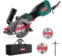 Scie circulaire portative, 750W, mini scie circulaire à 3500/min, avec sac de transport, 3 lames de scie (115+125mm), guide de coupe, profondeur de coupe de 48mm à 90°, pour bois, métaux non ferreux e