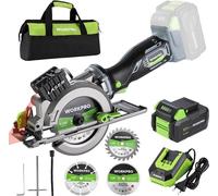 Scie circulaire sans fil 20V, mini scie circulaire portative de 115 mm, scie circulaire sans fil avec batterie 4,0 Ah, chargeur rapide, 3 lames de scie, 4500 tr/min, guide laser, profondeur de coupe d