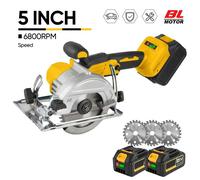 Scie circulaire sans fil avec 3 lames - 2x1.3Ah & lames 125 mm - Laser, 6800RPM - Réglable de 0 à 45° - 3 vitesses - 5 pouces