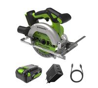Scie circulaire sans fil Greenworks 24 V sans balais 165 mm, 5 000 tr/min, lame de scie 20 mm, profondeur de coupe réglable 45°/90°, éclairage LED, avec batterie et chargeur CRG404