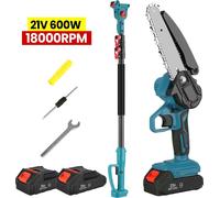 Scie électrique - Scie à chaîne télescopique - Batterie 21 V, 600 W - Tige avec réglage de longueur en 3 positions - Longueur de la lame : 15 cm - Vitesse de la chaîne : 10 m/s - Coffret comprenant 2